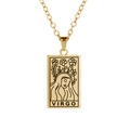 Vintage gold Virgo zodiac tarot card necklace with detailed feminine line art engraving - Gold-Virgo