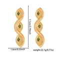 Detailed view of long gold-plated drop earrings featuring green stones and 7.1cm size - Evil Eye Long Drop Earrings (ZHE1130) / Gold