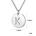 Polished silver stainless steel round pendant necklace featuring letter K, 12mm diameter - Letter K