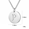 Polished stainless steel necklace featuring a round pendant with the uppercase letter P - Letter P