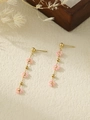 Detailed view of floral dangle earrings with pink woven petals and golden beads - Pink (ZHE1817)
