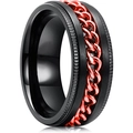 Bague pour homme en acier titane noir brossé avec chaîne rouge rotative et bords dentés - US 7 / Base Noire Gaufrée Avec Chaîne Rouge Bague Spinner
