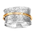 Bague rotative large florale vintage avec anneau doré et gravures argent - Argent-Floral 2