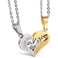 Detailed close-up of interlocking heart pendants with I Love You engraving and small crystals - Silver + Gold