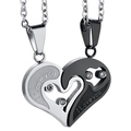 Titanium steel couple necklace featuring black and silver heart pendants with I Love You engraving - Silver & Black