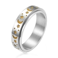 Anillo giratorio de acero inoxidable cepillado con grabados dorados de luna y estrellas - Plateado - Estilo Estrella Luna Dorada