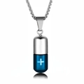 Colgante de cápsula bicolor plata y azul de acero inoxidable con símbolo de cruz azul - Cadena de Eslabones Estilo Perla / Plateado Azul
