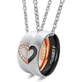 Silver couples ring necklace with half heart, crystal, rose gold and black I LOVE YOU inlay - Silver-Rose Gold Couple Side Pendants