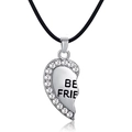 Silver split heart Best Friend necklace with rhinestones and black cord strap - Silver Left Half Heart Nylon Rope