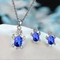 Silver turtle jewelry set with blue oval gemstones and white crystals on the turtle shell - Dark Blue