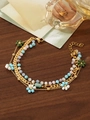 Detail of layered gold chain bracelet with colorful beads and turquoise stone centerpiece - Multicolor Bead Turquoise Pendant Style (ZHB887金)