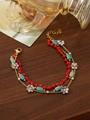 Detail of bohemian layered anklet with turquoise beads and red faceted charms - Faceted Bead White Daisy Triple-layer Style (ZHB889金)