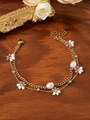 Detailed view of layered gold chain bracelet with pearl charms and flower beads - Light Purple Beaded Flower Pearl Style (ZHB876金)