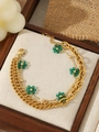 Detail of double-layer 18K gold-plated bracelet with green stone charms and chic chains - Green Floral Crystal Multi-layer Style (ZHB882金)