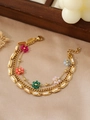 Detail of layered gold-plated stainless steel bracelet with colored beads and enamel inlay - Five-color Flower White Enamel Style (ZHB884金)