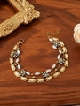 Detail showing gold titanium bracelet with crystal flower petals and elegant white pearls - Gray Crystal Five-petal Flower Pearl Style (ZHB879金)