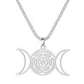 Hekate-Rad-Halskette aus Edelstahl mit Dreifachmond-Anhänger an silberner Box-Kette - Stahlfarben