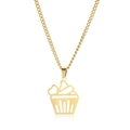 Golden cupcake pendant necklace with heart detail on a delicate stainless steel cross chain - Gold