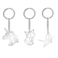 Polished stainless steel keychains featuring origami unicorn, fox and paper crane designs - Unicorn Wolf Origami Crane Combination (KSS2019082206+X07+X09)