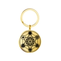 Golden stainless steel keychain featuring a detailed Metatron's Cube geometric design - Gold