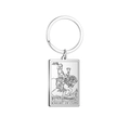Polished stainless steel keychain featuring a laser-engraved Knight of Cups tarot card design - Steel-colored Gold Cup Knight