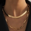 Detail of layered gold herringbone and paperclip chain necklaces on model's neck - Snake And Paperclip Chain Double Layer Combo (ZHN1113金) / 18K Gold