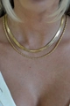 Detail of layered gold herringbone snake chain and rope chain necklace on model - Snake And Rope Chain Double Layer Combo (ZHN1109金) / 18K Gold