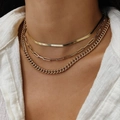 Detail of layered gold snake, paperclip, and cuban link necklaces on a white shirt - Snake Paperclip And Cuban Chain 3-Piece Set (ZHN1108金) / 18K Gold