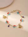 Golden chain bracelet with fish charms, blue crystals and colorful beaded flowers - Red Blue Flower Fish Style (ZHB909 Gold)