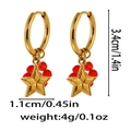 Detail view of gold star dangle earrings with red faceted beads and size measurements - Red Star Beaded Style (ZA0013) / Gold