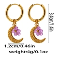 Detail of Saturn-themed earrings with purple beaded flower and hammered moon pendant - Purple Flower Moon Style (ZA0016) / Gold