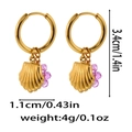 Detail view of gold hoop earrings with shell pendant and purple bead with dimensions - Purple Shell Pearl Style (ZA0018) / Gold