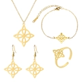 Golden titanium steel jewelry set featuring cutout Celtic knot necklace, bracelet and ring - Necklace Bracelet Earrings And Ring Gold