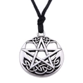 Retro Nordic Viking pentagram star necklace with silver finish round alloy pendant - Waxed Cord / Antique Silver