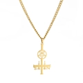 Gold stainless steel inverted cross necklace with pentagram and SATAN engraving - Gold