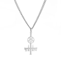 Silver inverted cross pendant necklace with Satan engraving and pentagram detail - Steel