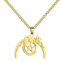 Minimalist gold stainless steel necklace with crescent moon, cat, and pentagram pendant - Gold
