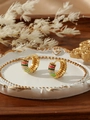 Detailed close-up of rainbow enamel hoop earrings on a vintage white decorative tray - Rainbow Stripe Style (ZHE412-彩)
