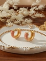 Detailed close-up of gold ear hoop with pink striped enamel on vintage relief tray - Rose Pink Stripe Style (ZHE412-玫红2)