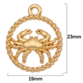 Golden Cancer zodiac crab charm pendant with rope texture border and size measurements - Cancer / Antique Gold