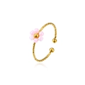 Adjustable gold flower ring with pink beads and hammered metal texture for women - Single Flower Hammered Open Ring (ZHR2459) / Pink