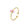 Adjustable gold plated ring featuring colorful beaded flower and hammered metal texture - Single Flower Hammered Open Ring (ZHR2459) / Colorful