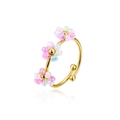 Adjustable golden stainless steel ring featuring colorful beaded floral designs - Triple Flower Open Ring (ZHR2460) / Colorful