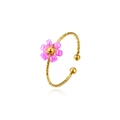 Adjustable stainless steel ring with a purple beaded flower and hammered gold finish - Single Flower Hammered Open Ring (ZHR2459) / Rose Red