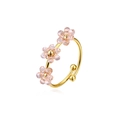 Adjustable gold flower ring with three pink crystal blossoms for a stylish look - Triple Flower Open Ring (ZHR2460) / Champagne
