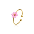 Adjustable gold hammered ring featuring a sweet pink beaded flower with a golden center - Single Flower Hammered Open Ring (ZHR2459) / Light Pink