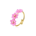 Adjustable gold stainless steel ring with three pink floral beads in sweet style - Triple Flower Open Ring (ZHR2460) / Light Pink