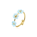 Adjustable gold plated ring with three light blue beaded flowers and rounded ends - Triple Flower Open Ring (ZHR2460) / Blue