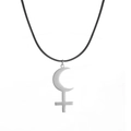 Minimalist moon and cross pendant necklace with black cord and silver crescent charm - Steel
