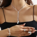 Elegant silver bridal jewelry set with water drop rhinestones in silver finish - Silver Water Drop Pendant Necklace Bracelet Ring Earrings Set (PJ--T0296--1)